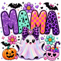 A colorful Halloween-themed graphic with the word “MAMA” in glittery, patterned letters, a cute ghost character with a purple bow, pumpkins, flowers, bats, stars, and a skull cup filled with candy.