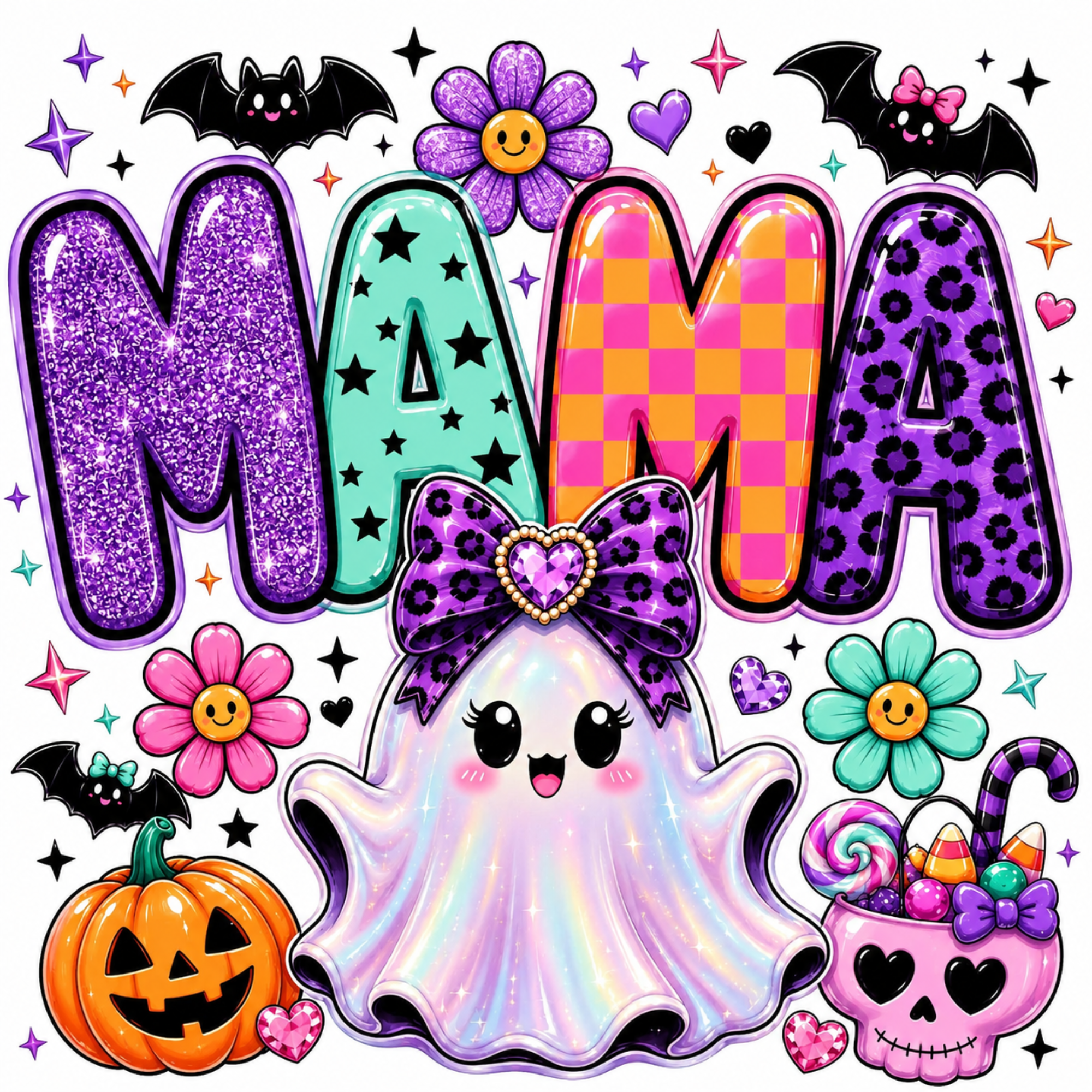A colorful Halloween-themed graphic with the word “MAMA” in glittery, patterned letters, a cute ghost character with a purple bow, pumpkins, flowers, bats, stars, and a skull cup filled with candy.