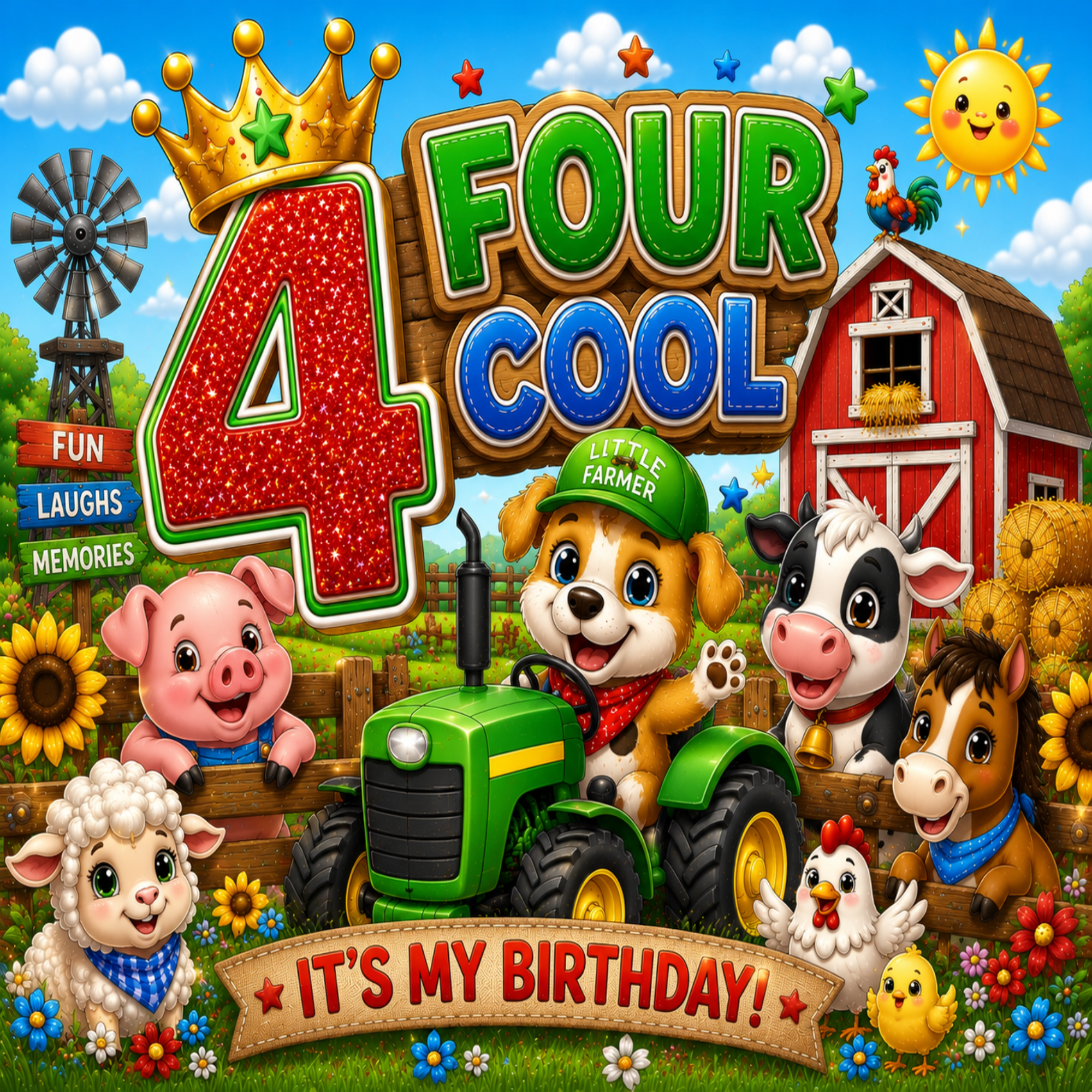 A colorful cartoon birthday poster with the text '4 COOL' and 'IT'S MY BIRTHDAY!' over a farm scene. The design includes a red glittery number 4 with a gold crown, a green tractor driven by a dog, a red barn, sunflowers, a pig, a cow, a horse, a sheep, a chicken, and a yellow chick.