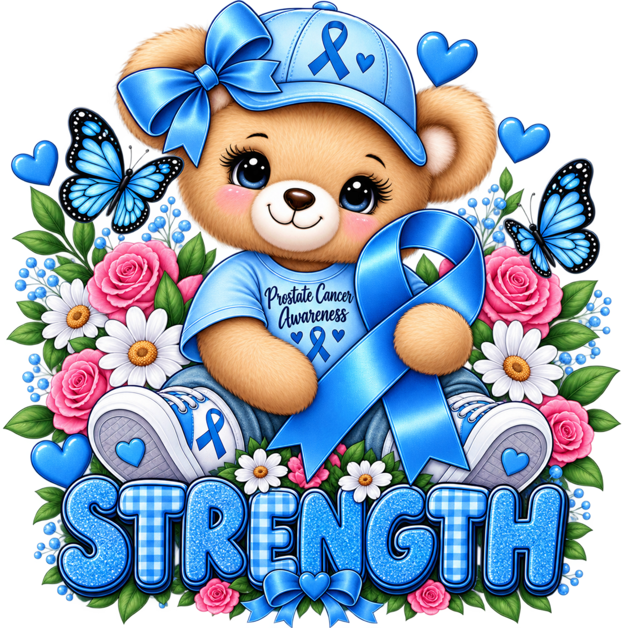 A teddy bear wearing a blue awareness ribbon cap and a blue shirt with 'Prostate Cancer Awareness' text, surrounded by pink roses, white daisies, blue butterflies, blue hearts, and the word 'STRENGTH' in large blue letters.