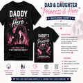 Matching black t-shirts for dad and daughter with custom white and pink text designs, displayed on a white background with product descriptions, features, and care icons.