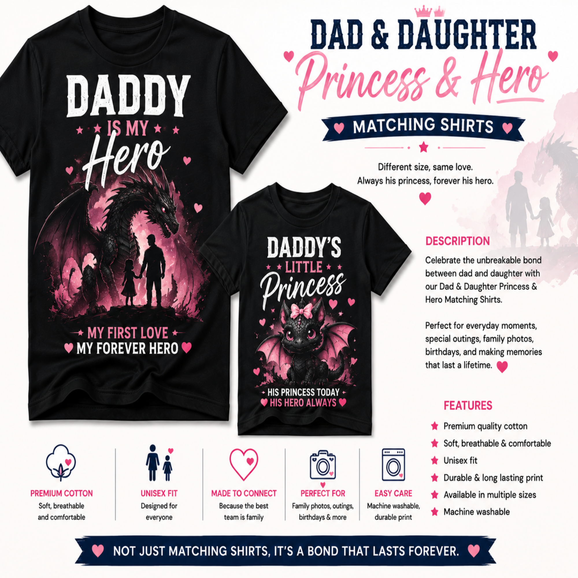 Matching black t-shirts for dad and daughter with custom white and pink text designs, displayed on a white background with product descriptions, features, and care icons.