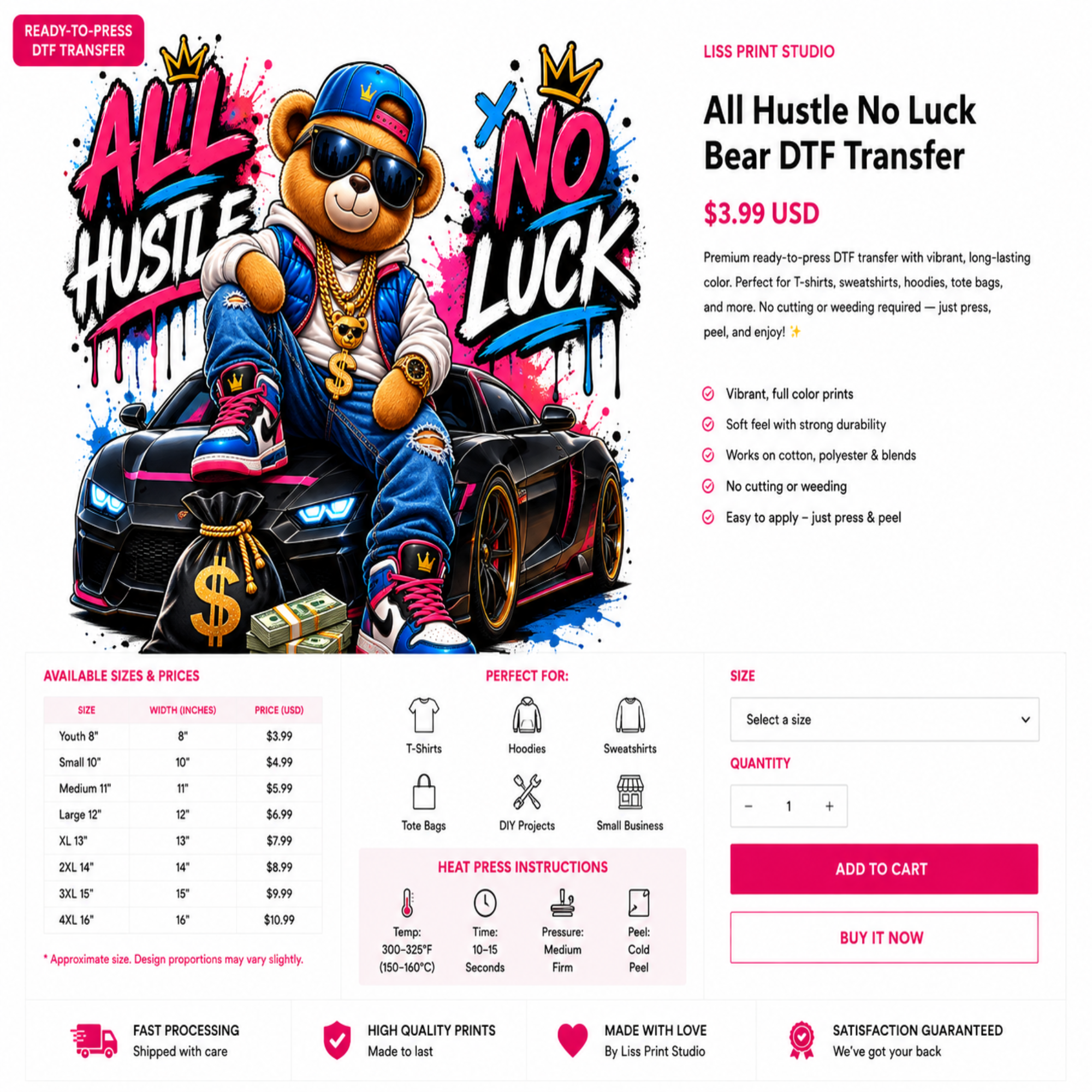 A promotional product graphic for a custom all-over print DTF transfer sheet. The design features a colorful graffiti-style splatter background with the words 'ALL HUSTLE NO LUCK' in bold pink, blue, and yellow text, decorated with gold coins, a crown, and a dollar sign.