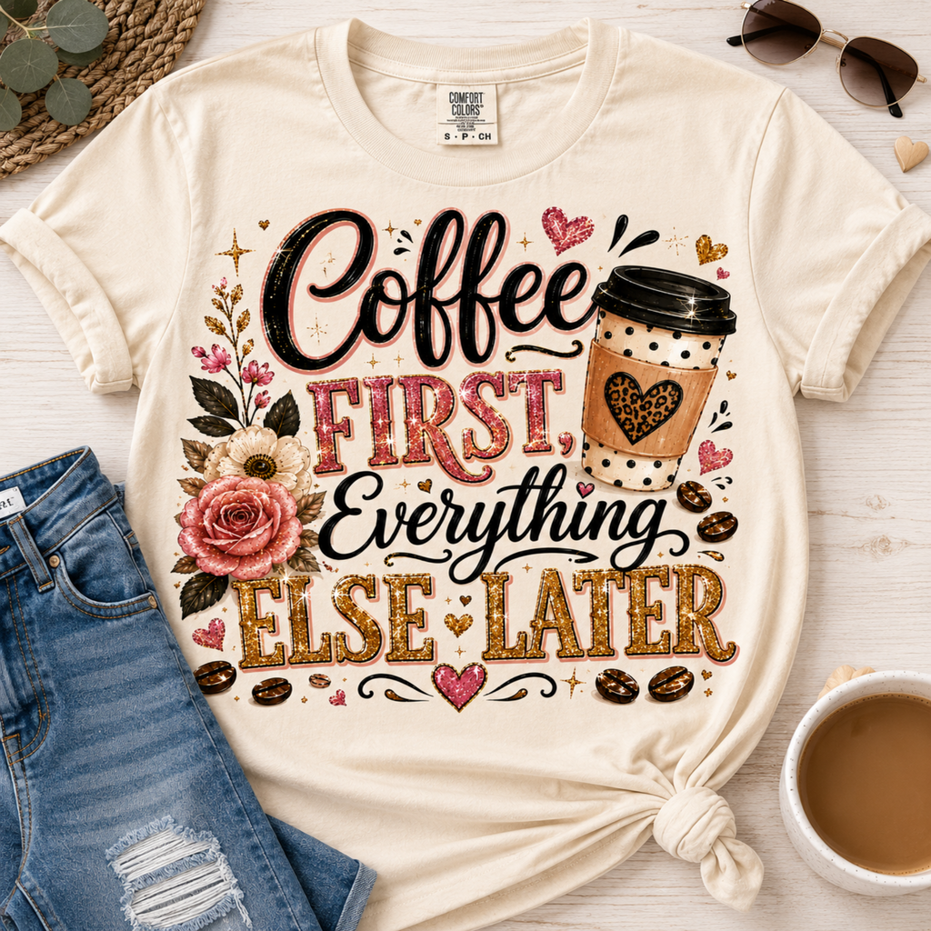 A cream-colored graphic t-shirt with a 'Coffee First, Everything Else Later' design, styled in a flat-lay arrangement with blue jeans, sunglasses, a cup of coffee, and a woven mat on a light wood background.