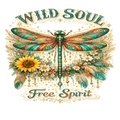 A decorative graphic with the words “WILD SOUL” at the top and “Free Spirit” at the bottom, centered around a large stylized dragonfly with teal, orange, and gold patterned wings and body. The design includes a yellow sunflower, cream flowers, leaves, and hanging beads on a light beige background.