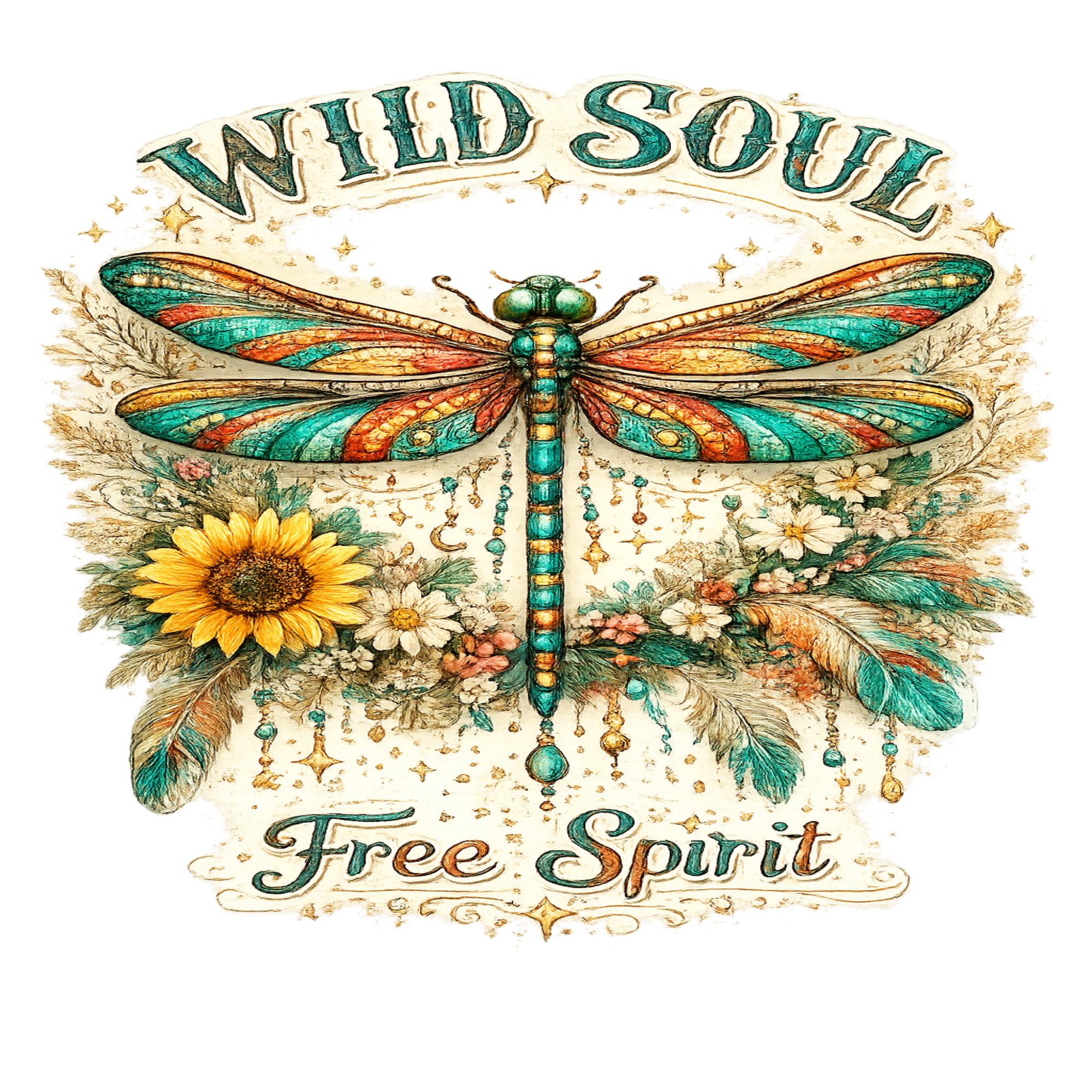 A decorative graphic with the words “WILD SOUL” at the top and “Free Spirit” at the bottom, centered around a large stylized dragonfly with teal, orange, and gold patterned wings and body. The design includes a yellow sunflower, cream flowers, leaves, and hanging beads on a light beige background.