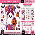 Promotional graphic for a UV DTF tumbler decal set featuring a Halloween theme. The design includes a large 'Spooky Vibes' text graphic, mini decals of a ghost, leopard-print bow, and jack-o'-lantern, along with product details, pricing, and sizing information.