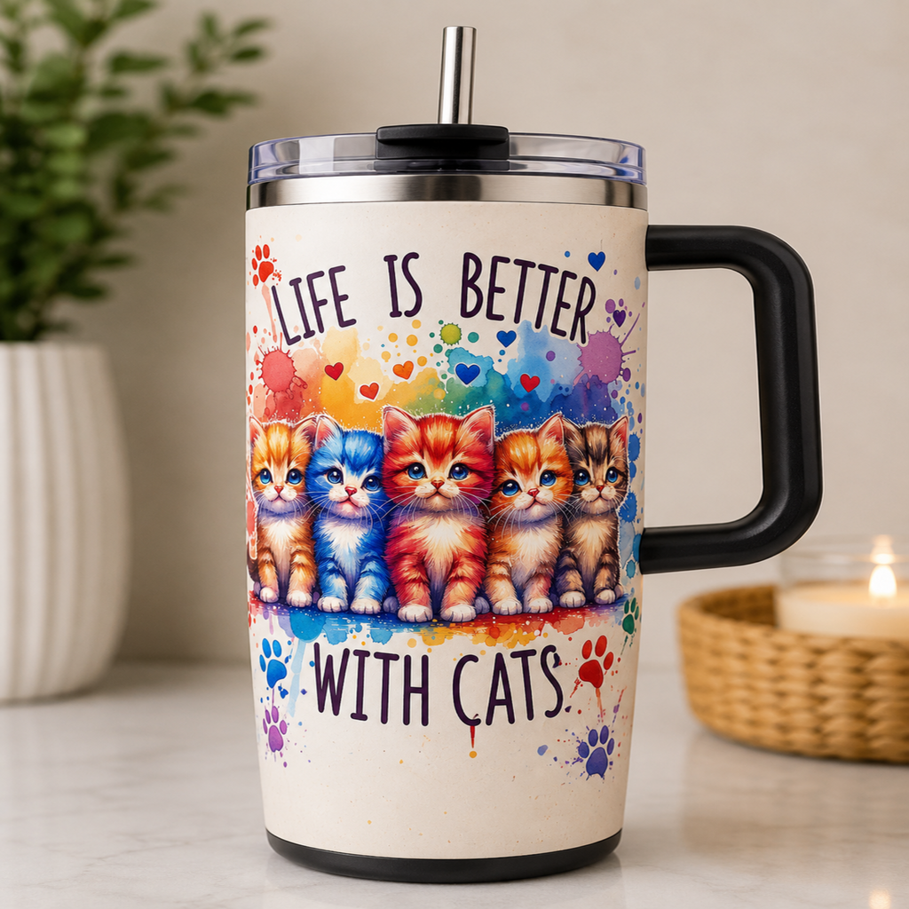 A handled insulated travel tumbler with a clear lid and metal straw, featuring a colorful watercolor-style illustration of six cats and the text 'LIFE IS BETTER WITH CATS.' The tumbler is shown standing on a light surface with a blurred plant and candle in the background.