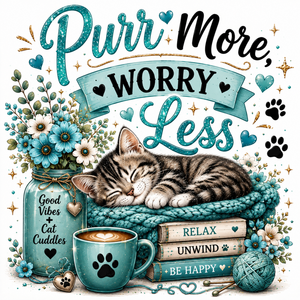 A cozy illustrated scene with a sleeping tabby kitten on a teal knit blanket, surrounded by flowers in a mason jar, a teal mug with a paw-print coffee cup, stacked books reading 'RELAX', 'UNWIND', and 'BE HAPPY', and the text 'Purr More, Worry Less' on a white background.
