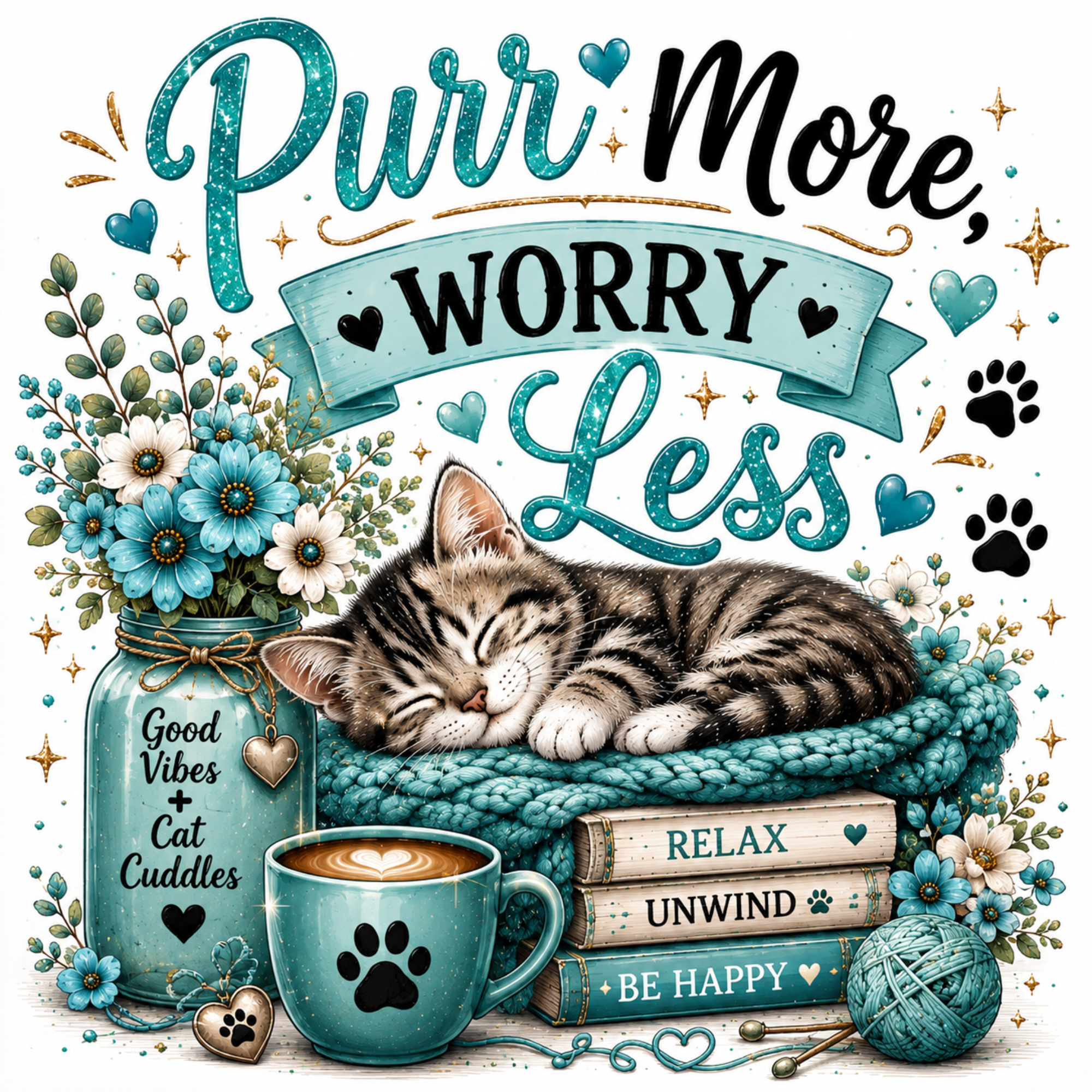 A cozy illustrated scene with a sleeping tabby kitten on a teal knit blanket, surrounded by flowers in a mason jar, a teal mug with a paw-print coffee cup, stacked books reading 'RELAX', 'UNWIND', and 'BE HAPPY', and the text 'Purr More, Worry Less' on a white background.