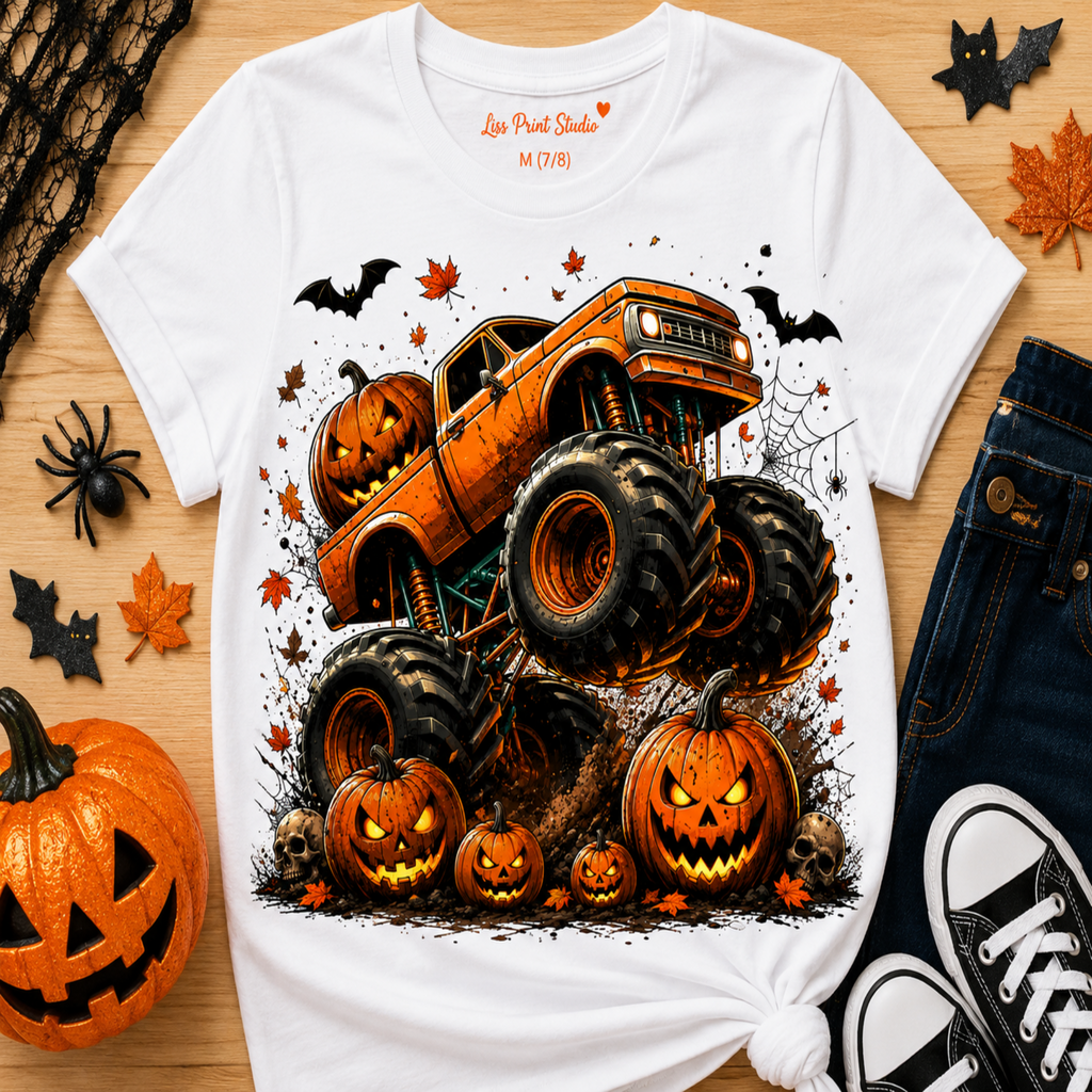 A white graphic t-shirt featuring a Halloween monster truck illustration with jack-o'-lanterns, styled in a flat-lay on a wooden surface with jeans, sneakers, and autumn props.