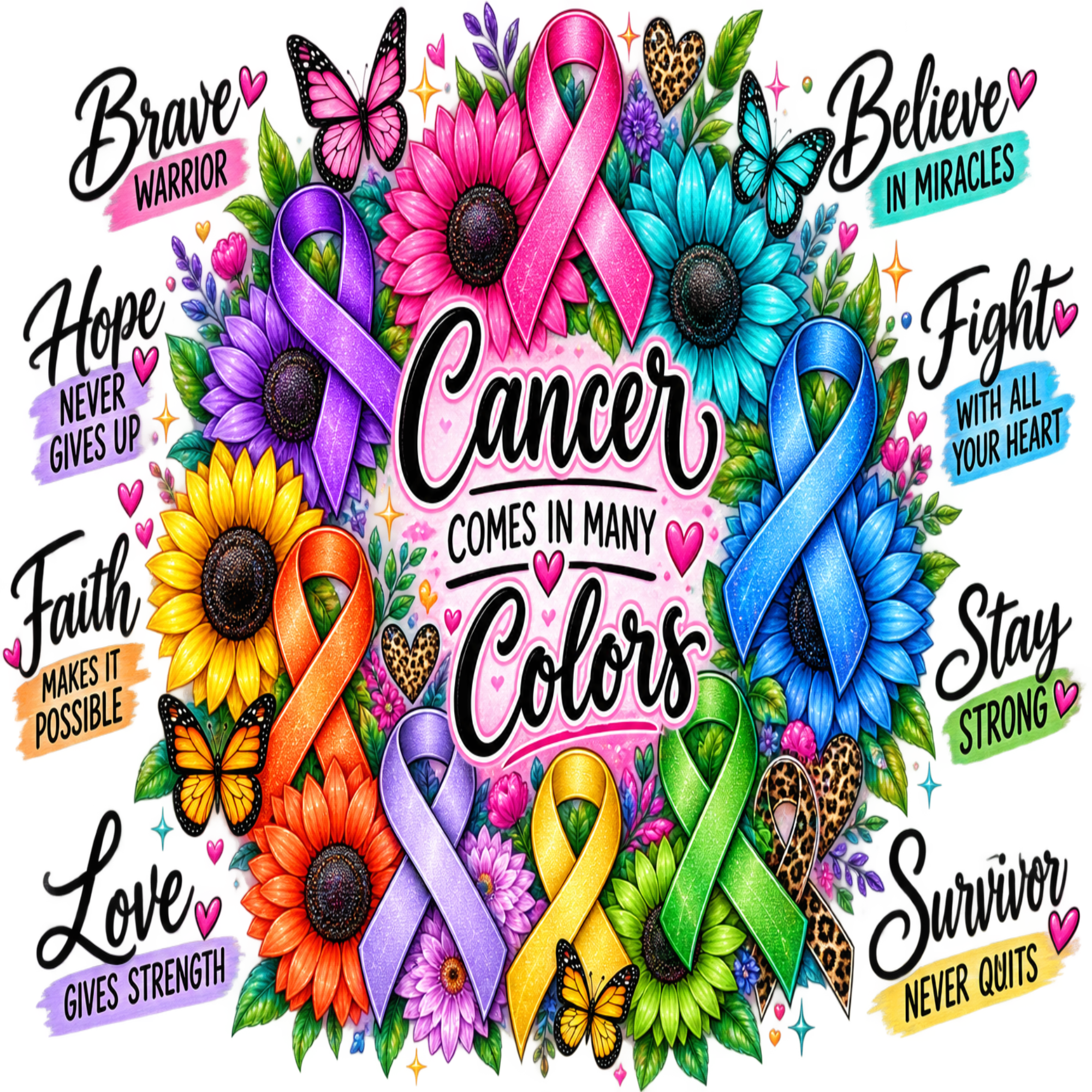 Vibrant cancer awareness graphic with multiple colored awareness ribbons, sunflowers, butterflies, flowers, and motivational text such as 'Cancer Comes in Many Colors,' 'Brave Warrior,' 'Hope Never Gives Up,' 'Faith Makes It Possible,' 'Love Gives Strength,' 'Believe in Miracles,' 'Fight with All Your Heart,' 'Stay Strong,' and 'Survivor Never Quits.'.