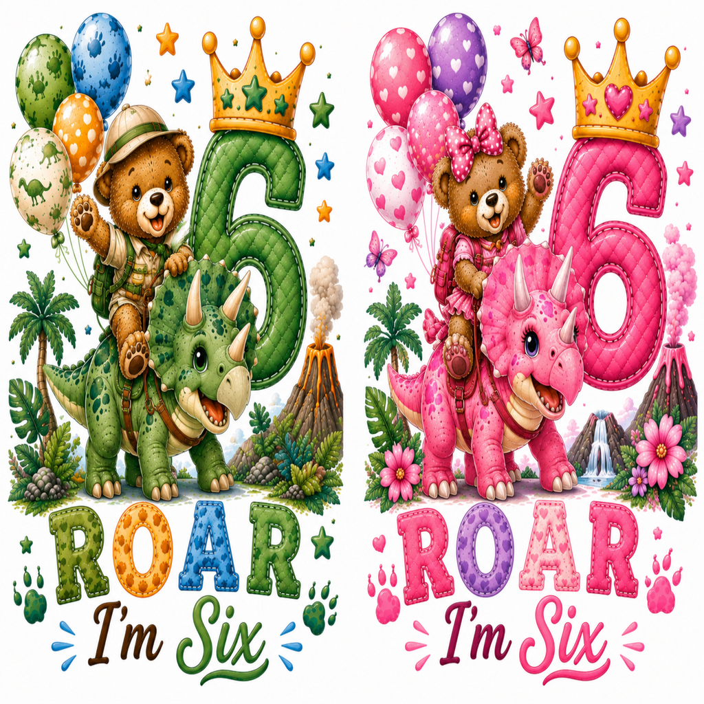 A pair of matching children's birthday party decorations or prints featuring a 'ROAR I'm Six' theme. The left design shows a brown teddy bear in safari gear riding a green Triceratops dinosaur next to a green number 6 with a gold crown, surrounded by balloons and jungle elements.