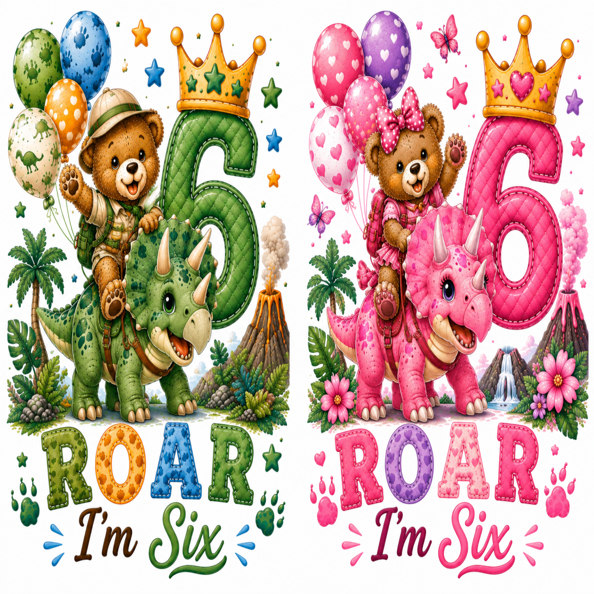 A pair of matching children's birthday party decorations or prints featuring a 'ROAR I'm Six' theme. The left design shows a brown teddy bear in safari gear riding a green Triceratops dinosaur next to a green number 6 with a gold crown, surrounded by balloons and jungle elements.