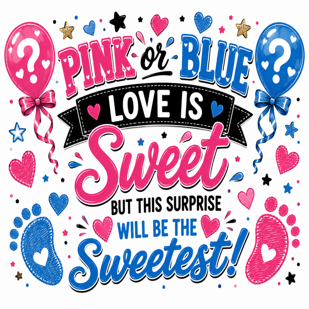 Pink and blue baby shower graphic with the text 'PINK or BLUE LOVE IS Sweet BUT THIS SURPRISE WILL BE THE Sweetest!' surrounded by balloons with question marks, hearts, stars, and baby footprints on a white background.