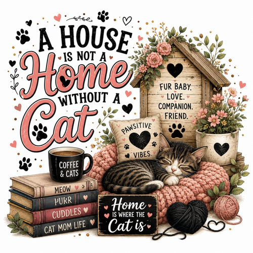 A cozy illustrated scene with a sleeping tabby cat on a pink knit blanket, surrounded by cat-themed decor: a wooden house sign reading 'FUR BABY. LOVE.