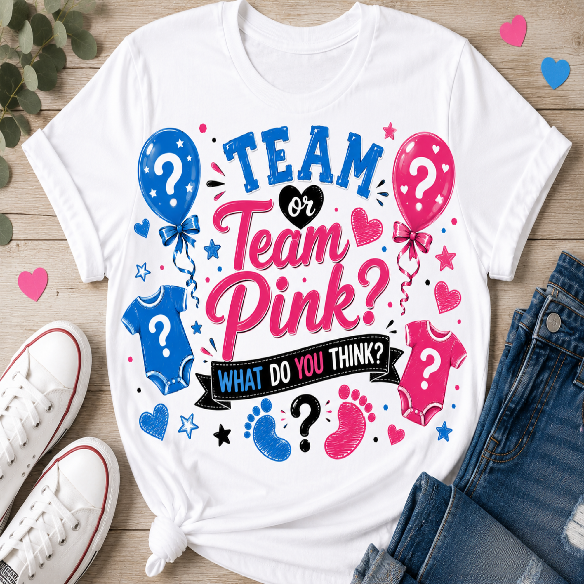 A white graphic T-shirt laid flat on a light wood surface, surrounded by white sneakers, blue jeans, and small pink and blue heart decorations. The shirt graphic reads “TEAM or Team Pink? WHAT DO YOU THINK?” with blue and pink balloons, baby onesies, stars, and footprints.