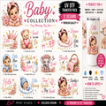 A promotional collage for a baby-themed UV DTF transfer pack, showing multiple illustrated and photo-based transfer designs such as 'Little Princess,' 'Sweet As Can Be,' 'Tiny Miracle,' 'Made With Love,' 'So Loved,' 'Bundle of Joy,' 'Hello World,' 'Little Blessing,' 'Tiny Hands Big Heart,' 'Daddy's Little Girl,' and '12 Premium UV Transfers.' The layout includes sample baby photos, teddy bears, flowers, hearts, and text callouts, plus a small how-to panel on the right.