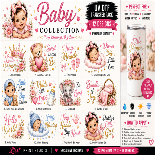 A promotional collage for a baby-themed UV DTF transfer pack, showing multiple illustrated and photo-based transfer designs such as 'Little Princess,' 'Sweet As Can Be,' 'Tiny Miracle,' 'Made With Love,' 'So Loved,' 'Bundle of Joy,' 'Hello World,' 'Little Blessing,' 'Tiny Hands Big Heart,' 'Daddy's Little Girl,' and '12 Premium UV Transfers.' The layout includes sample baby photos, teddy bears, flowers, hearts, and text callouts, plus a small how-to panel on the right.