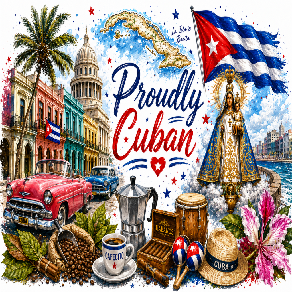 A vibrant watercolor-style collage celebrating Cuba, featuring the Cuban flag, Capitan Jack the Dog, Havana architecture, a classic red convertible, a moka pot, coffee cups, maracas, a straw hat, and the words 'Proudly Cuban' with 'La Isla de los Bombes' at the top.