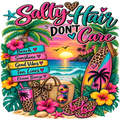 Vibrant tropical beach-themed graphic design with the text 'Salty Hair DON'T Care' above a sunset scene, palm trees, hibiscus flowers, a leopard-print drink cup, tote bag, flip-flops, sunglasses, and a surfboard.