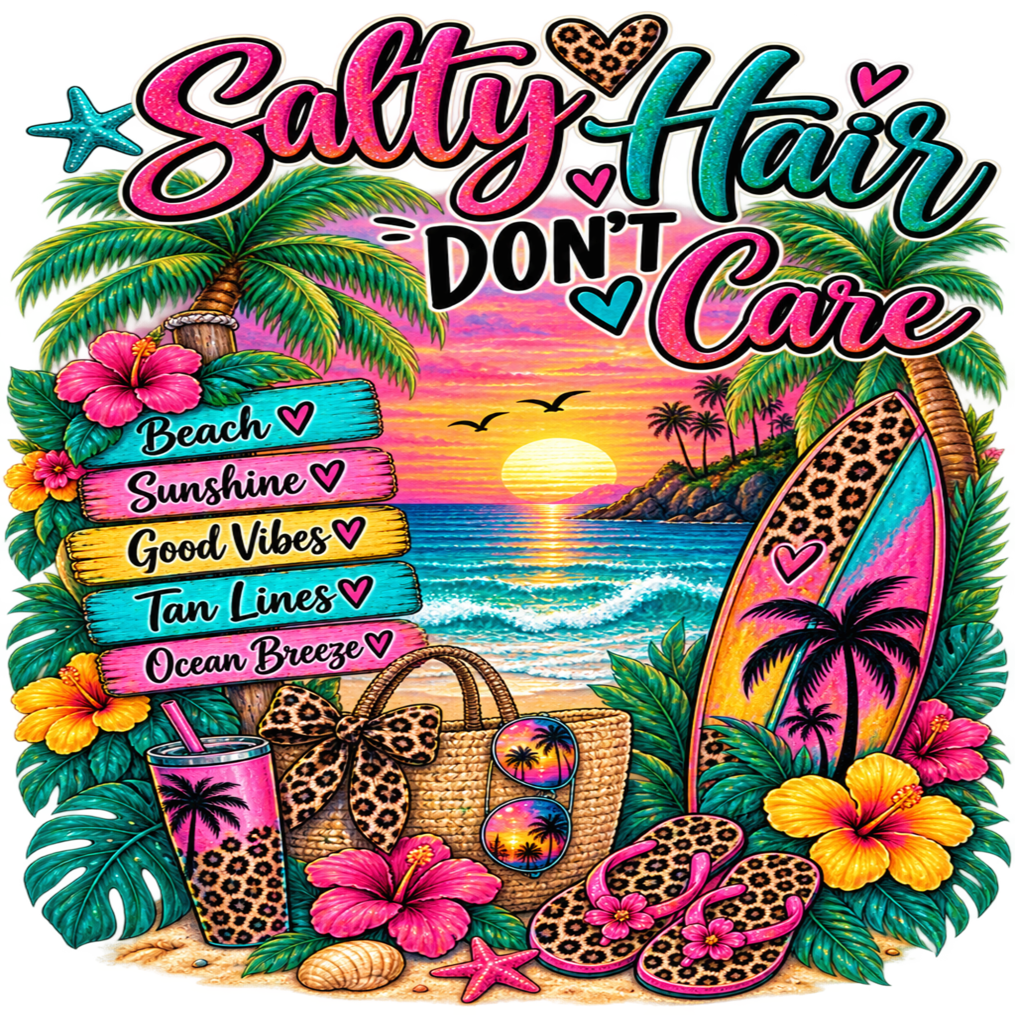 Vibrant tropical beach-themed graphic design with the text 'Salty Hair DON'T Care' above a sunset scene, palm trees, hibiscus flowers, a leopard-print drink cup, tote bag, flip-flops, sunglasses, and a surfboard.