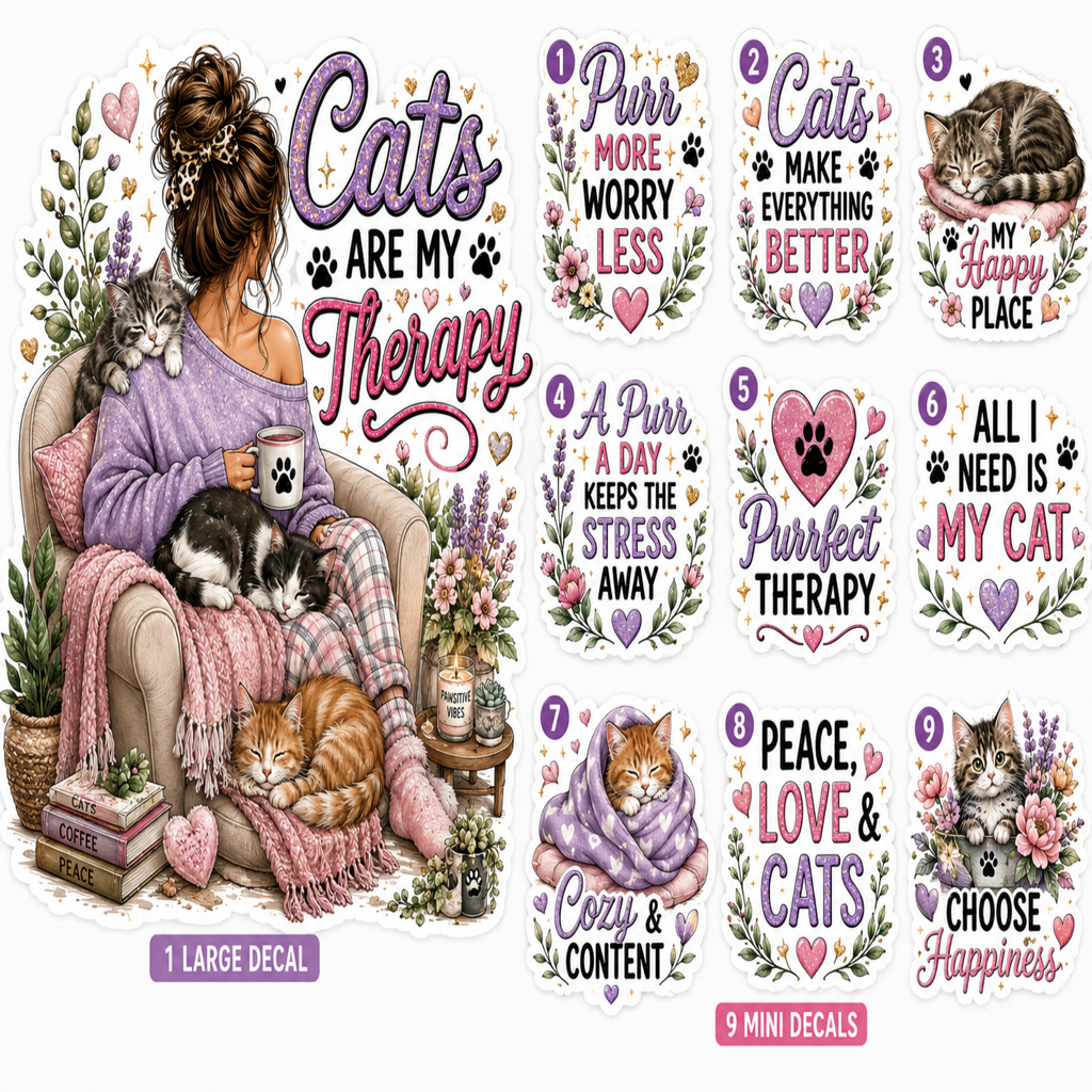 A set of cat-themed decorative decals shown on a white background, including one large decal and nine mini decals. The artwork features a woman lounging in a chair with several cats, flowers, paw prints, and humorous sayings such as 'Cats are my therapy' and 'Purrfect Therapy'.