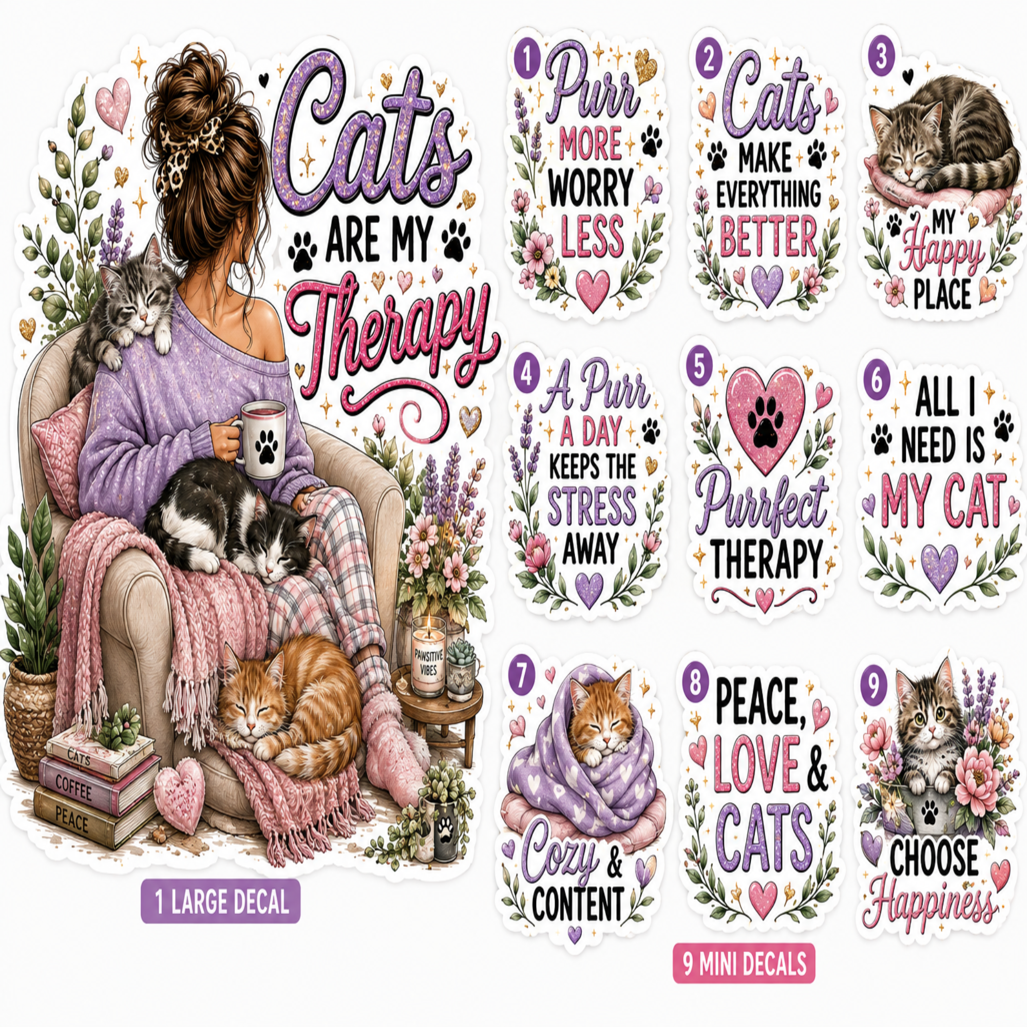 A set of cat-themed decorative decals shown on a white background, including one large decal and nine mini decals. The artwork features a woman lounging in a chair with several cats, flowers, paw prints, and humorous sayings such as 'Cats are my therapy' and 'Purrfect Therapy'.
