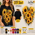 A promotional graphic for a DTF (Direct to Film) t-shirt by Liss Print Studio, showing a woman wearing a black t-shirt with a large yellow sunflower graphic on the front, alongside a circular inset showing the plain back of the shirt. The graphic features a heart-shaped arrangement of sunflowers.