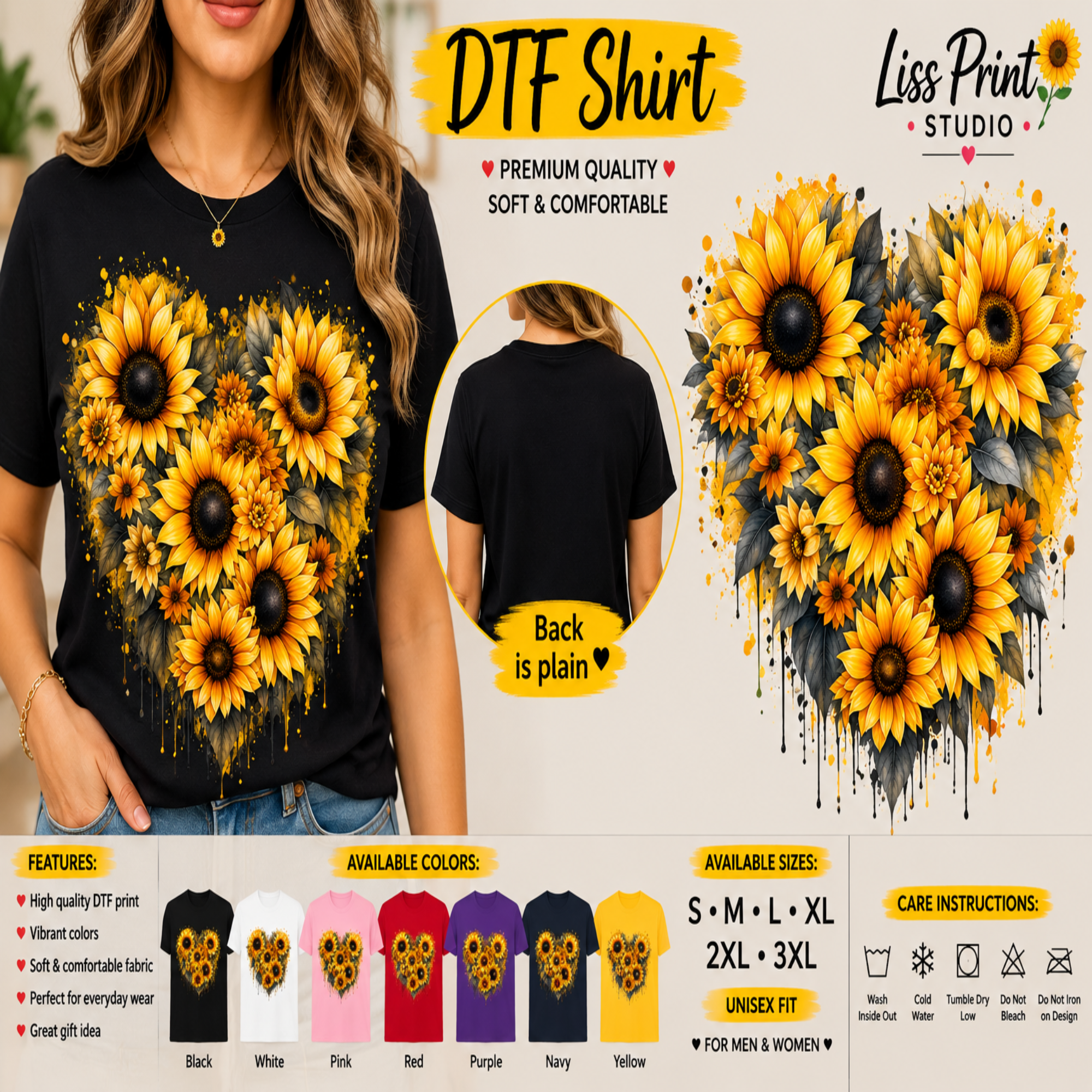A promotional graphic for a DTF (Direct to Film) t-shirt by Liss Print Studio, showing a woman wearing a black t-shirt with a large yellow sunflower graphic on the front, alongside a circular inset showing the plain back of the shirt. The graphic features a heart-shaped arrangement of sunflowers.