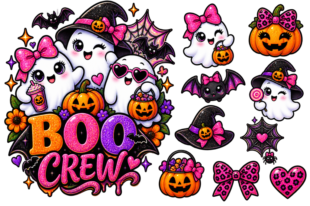 A collection of Halloween-themed cartoon stickers and decals on a white background, featuring cute ghosts, witches, pumpkins, bats, bows, spiderwebs, and the text 'BOO CREW'.