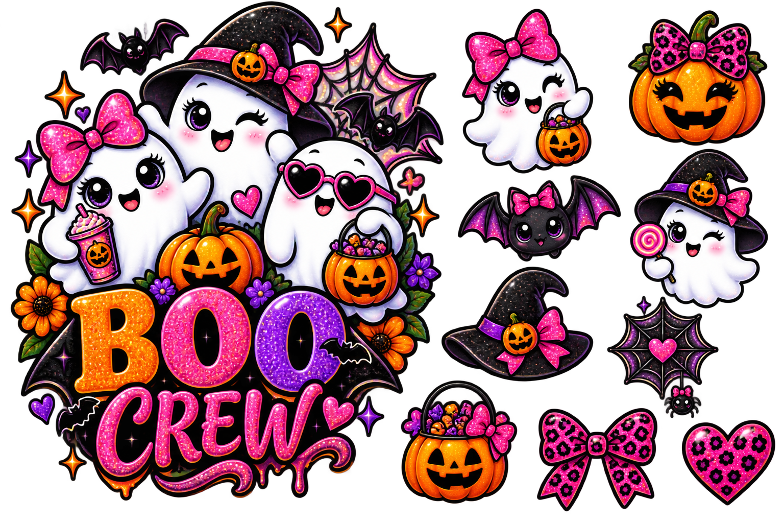 A collection of Halloween-themed cartoon stickers and decals on a white background, featuring cute ghosts, witches, pumpkins, bats, bows, spiderwebs, and the text 'BOO CREW'.