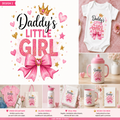 A collage-style promotional graphic for a custom 'Daddy's Little Girl' design. The main panel shows the printed design with a crown, hearts, stars, and a large pink bow.