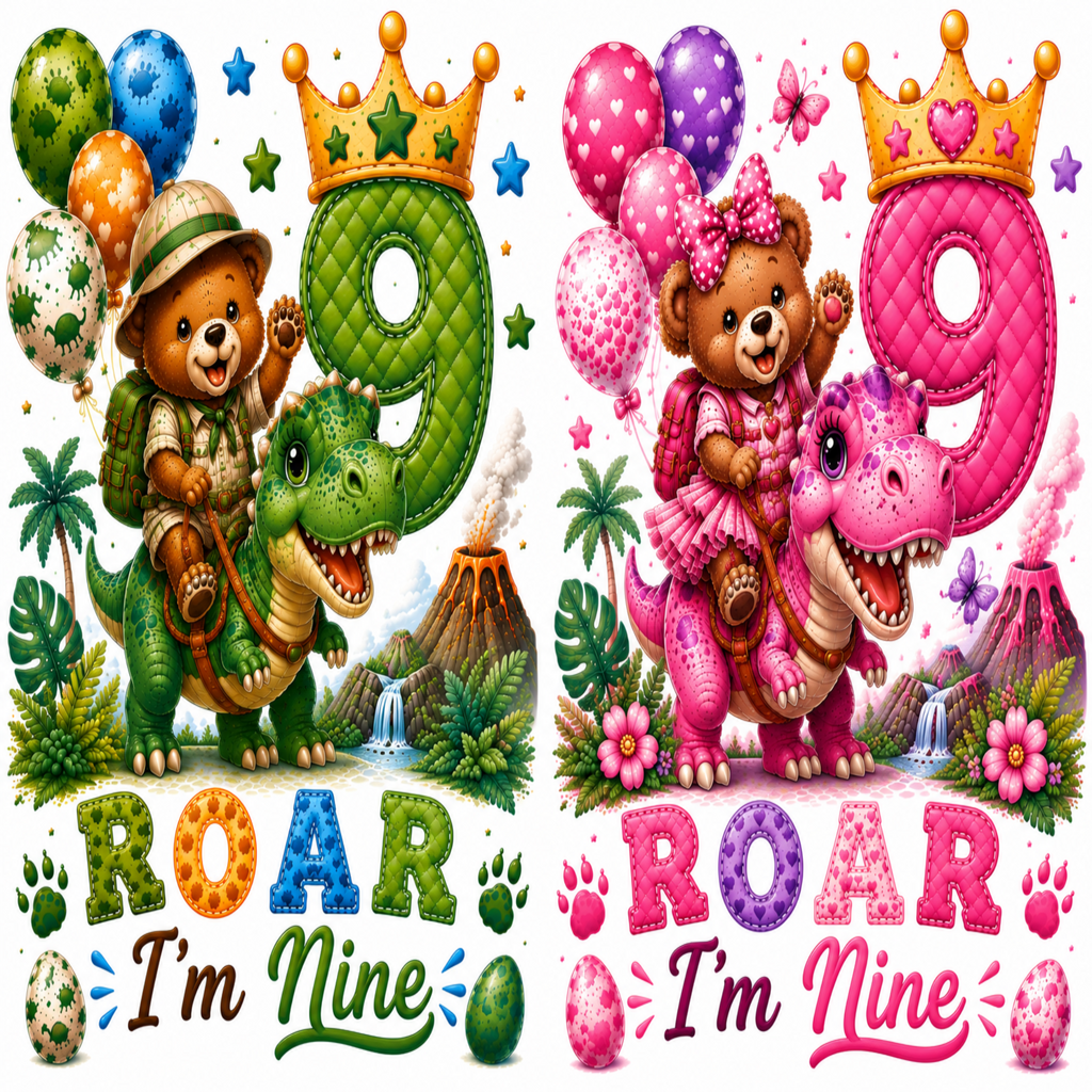A colorful birthday graphic celebrating a 9th birthday with two cartoon teddy bear dinosaur designs. On the left, a brown bear wearing a safari hat rides a green T-Rex under a large green number 9 with the text 'ROAR I'm Nine'.