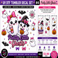 Promotional graphic for a UV DTF tumbler decal set featuring cute cartoon ghosts, bats, pumpkins, bows, and spiderwebs with the text 'Pretty Little Ghosts' and '#4 Pretty Little Ghosts'. The right side shows three decorated tumbler mockups and a size/pricing table.