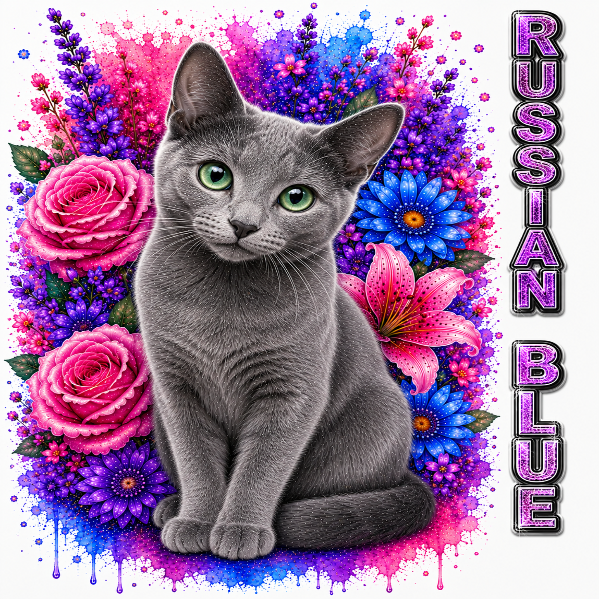 Russian Blue Cat Floral T-Shirt