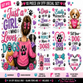 A 10-piece UV DTF (Direct to Film) decal set sheet featuring various dog-themed designs, including a woman with a dog, paws, hearts, and phrases like 'Just a Girl Who Loves Dogs' and 'Dogs Are My Love Language.' The sheet includes numbered design previews, decorative hearts, paw prints, and a pink header and footer with product details.
