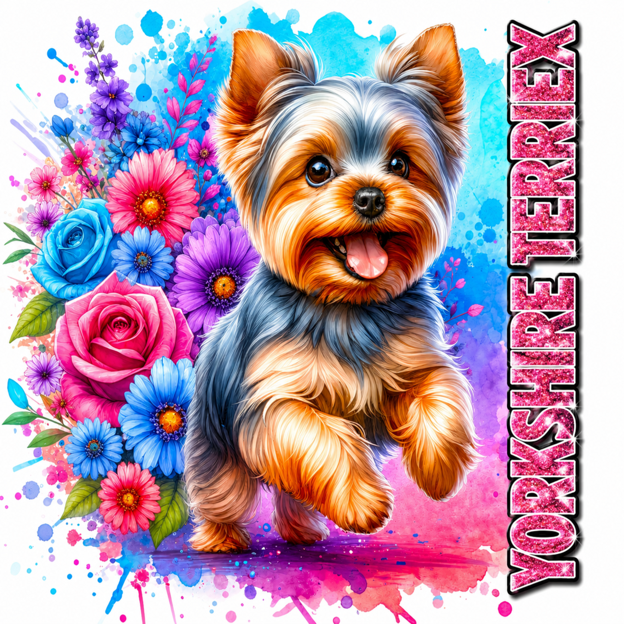 A stylized watercolor illustration of a Yorkshire Terrier standing in front of a colorful floral burst, with the words 'YORKSHIRE TERRIEX' printed vertically along the right side.