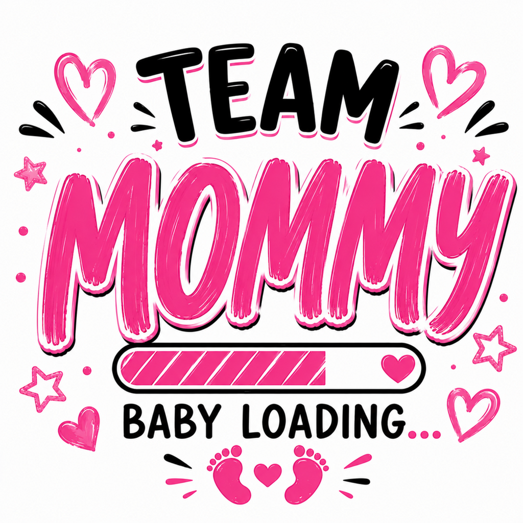 Pink and black graphic text reading 'TEAM MOMMY BABY LOADING.