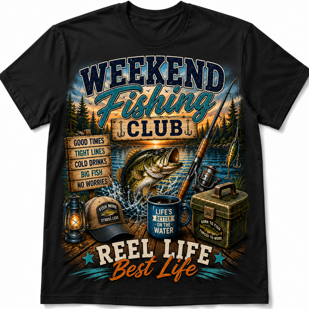 A black short-sleeve crewneck t-shirt featuring a detailed graphic print of a weekend fishing theme. The graphic includes a large fish, a fishing rod, a lantern, a mug, a hat, and a tackle box, with text reading 'WEEKEND FISHING CLUB' and 'REEL LIFE Best Life'.