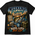 A black short-sleeve crewneck t-shirt featuring a detailed graphic print of a weekend fishing theme. The graphic includes a large fish, a fishing rod, a lantern, a mug, a hat, and a tackle box, with text reading 'WEEKEND FISHING CLUB' and 'REEL LIFE Best Life'.