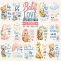 A collection of 12 cute baby-themed sticker designs with adorable watercolor illustrations of teddy bears, a bunny, a giraffe, a sloth, a rainbow, a baby bottle, and cute phrases like 'Baby LOVE', 'Dream BIG little ONE', and 'You are my RAINBOW'.