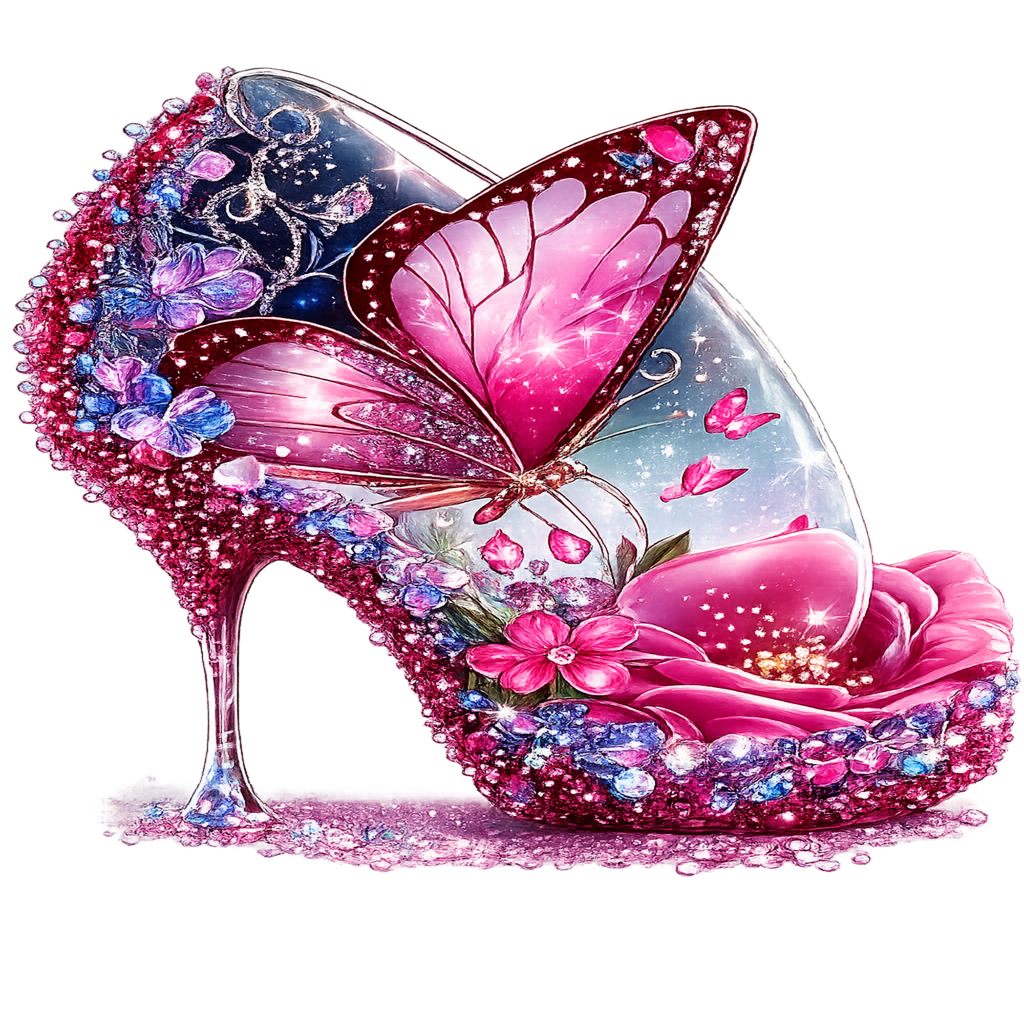 A highly detailed, fantasy-themed high-heeled shoe featuring a large pink butterfly on the upper, a pink rose on the toe, and sparkling pink and blue gemstones across a clear, glittery surface, isolated on a white background.