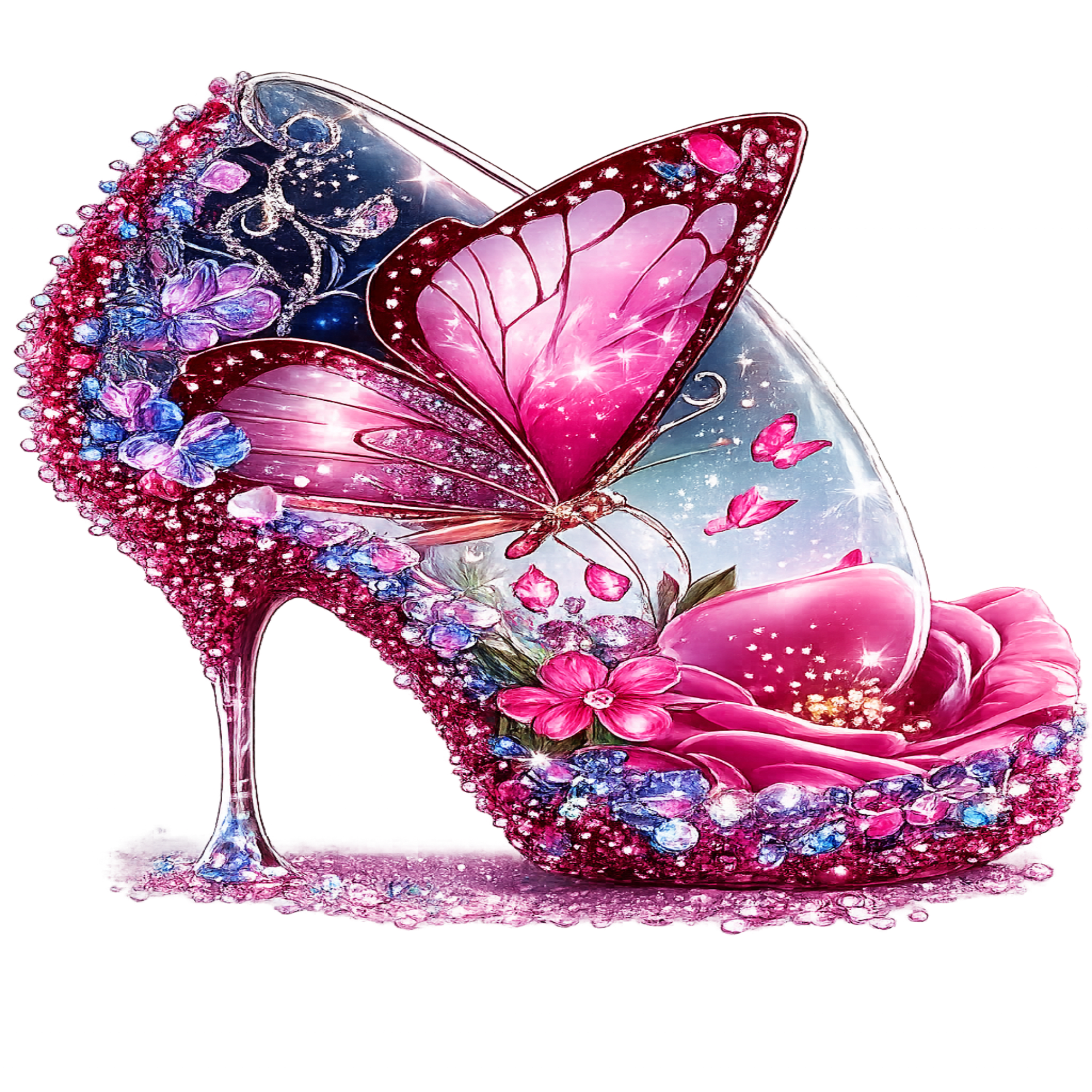 A highly detailed, fantasy-themed high-heeled shoe featuring a large pink butterfly on the upper, a pink rose on the toe, and sparkling pink and blue gemstones across a clear, glittery surface, isolated on a white background.