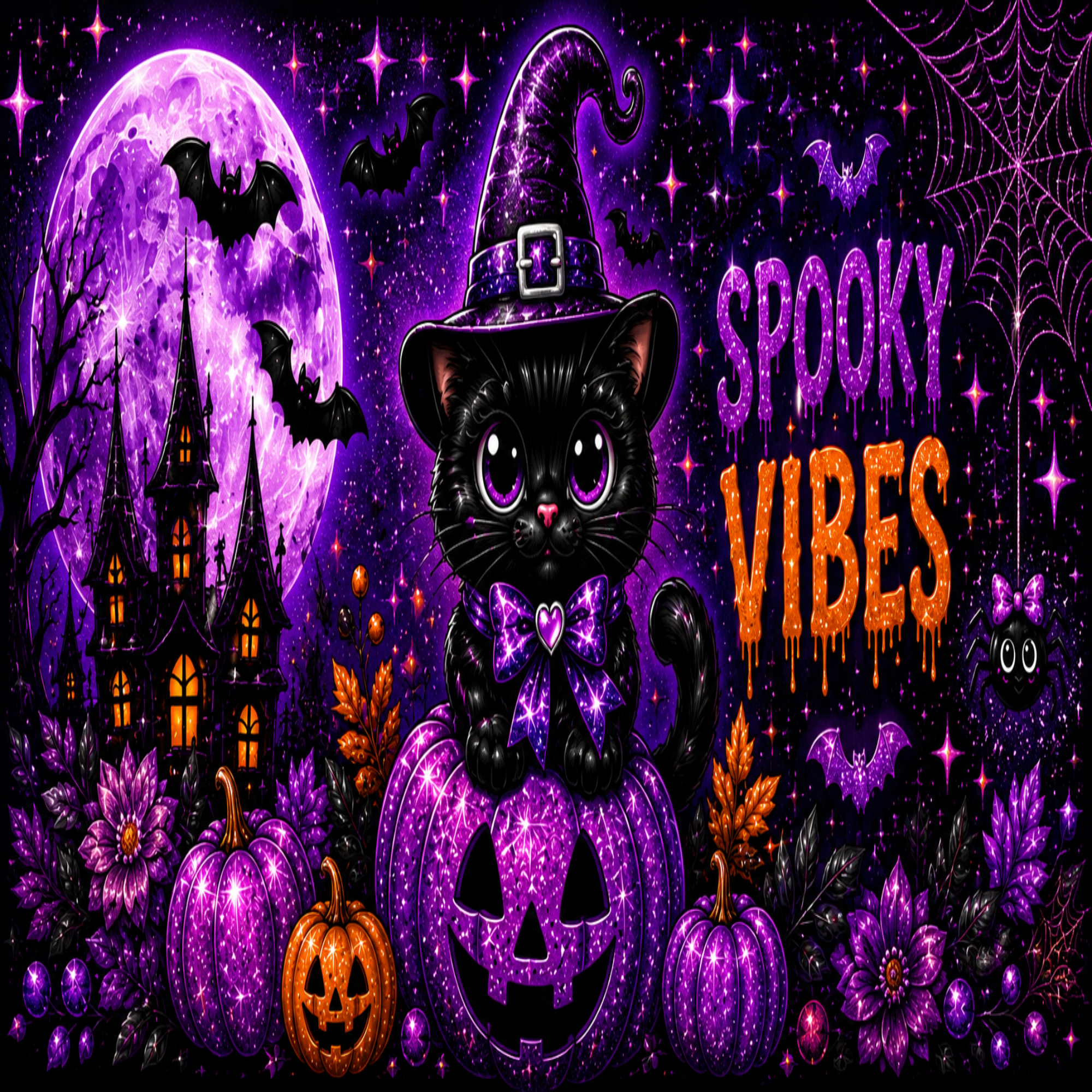 Halloween-themed graphic with a black cat in a purple witch hat and bow tie, sitting on a jack-o'-lantern. The scene includes purple pumpkins, a haunted house, bats, a large purple moon, spiderwebs, and the text 'Spooky Vibes' on a dark starry background.