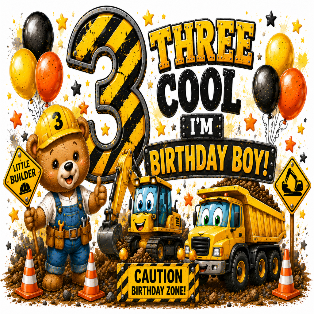 A colorful 3rd birthday party backdrop or banner design with construction-themed cartoon graphics. The design features a teddy bear in a yellow hard hat and blue overalls holding a 'Little Builder' sign, alongside a yellow excavator, a yellow dump truck, a large distressed number 3, balloons, stars, and the text 'THREE COOL I'M BIRTHDAY BOY!' and 'CAUTION BIRTHDAY ZONE!'.