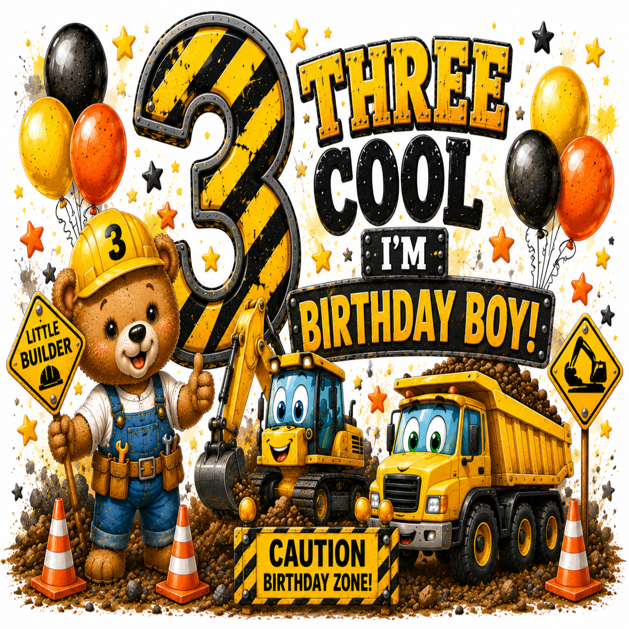 A colorful 3rd birthday party backdrop or banner design with construction-themed cartoon graphics. The design features a teddy bear in a yellow hard hat and blue overalls holding a 'Little Builder' sign, alongside a yellow excavator, a yellow dump truck, a large distressed number 3, balloons, stars, and the text 'THREE COOL I'M BIRTHDAY BOY!' and 'CAUTION BIRTHDAY ZONE!'.