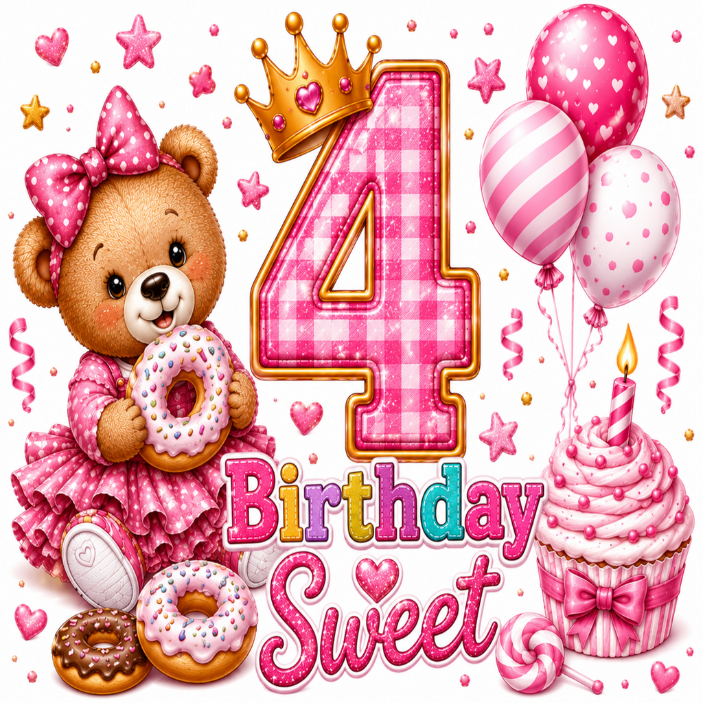 A colorful 4th birthday illustration featuring a pink gingham number 4, a teddy bear in a pink dress holding a donut, balloons, a cupcake, lollipops, stars, and the words '4th Birthday Sweet' on a white background.