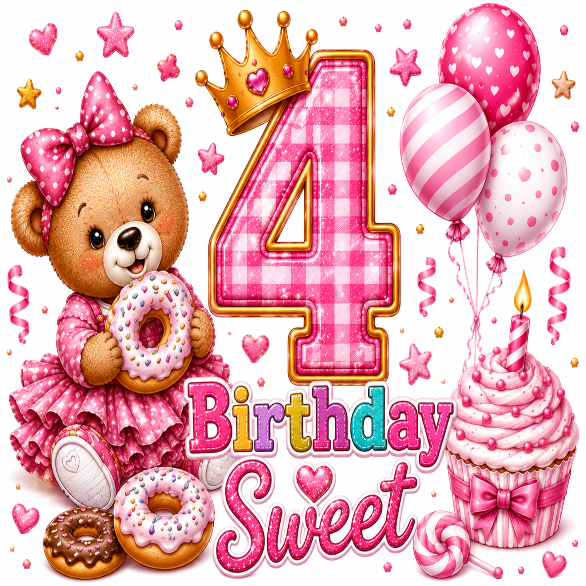A colorful 4th birthday illustration featuring a pink gingham number 4, a teddy bear in a pink dress holding a donut, balloons, a cupcake, lollipops, stars, and the words '4th Birthday Sweet' on a white background.