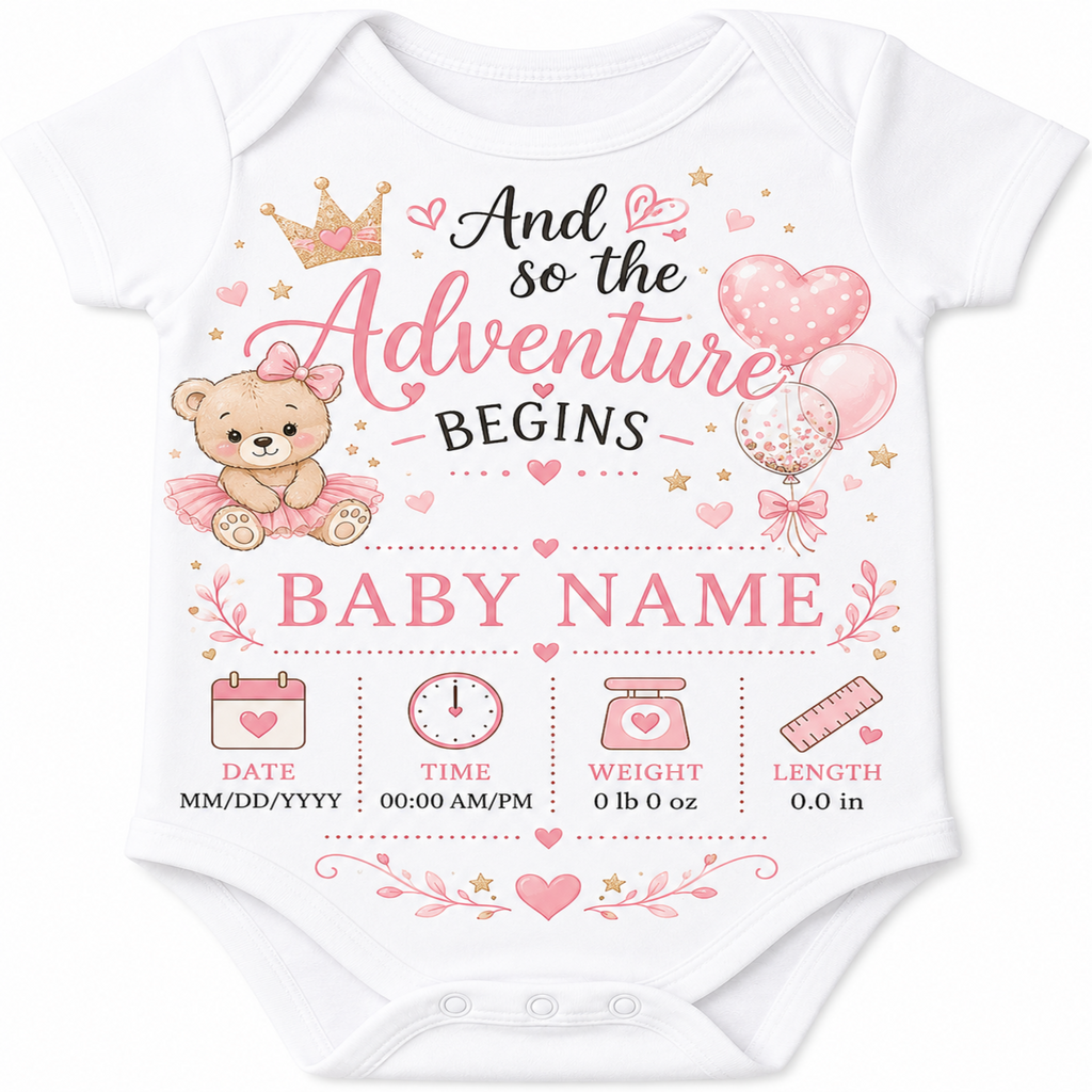 White baby bodysuit with a pink and black personalized baby shower graphic featuring a teddy bear, crown, balloons, and baby tracking details.
